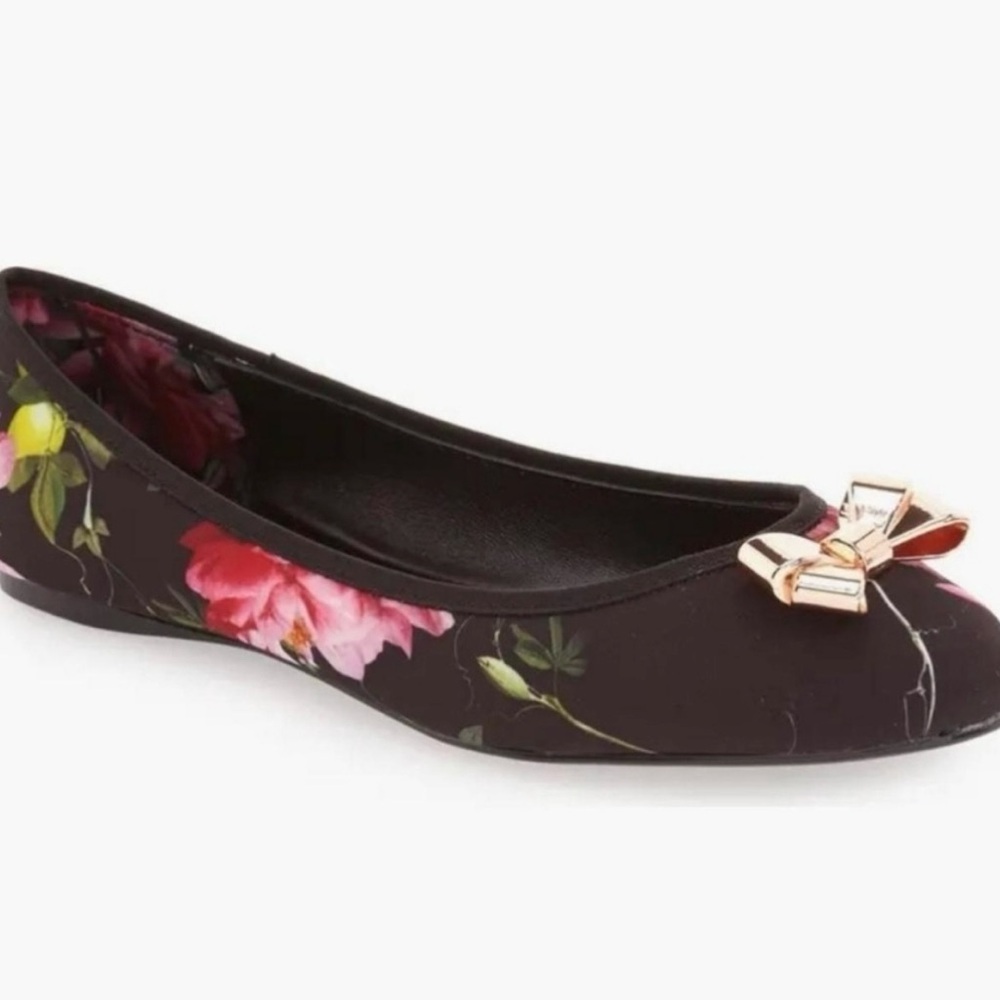 Ted Baker Black and Pink Floral Ballet Flats with Bow - Picture 2 of 9